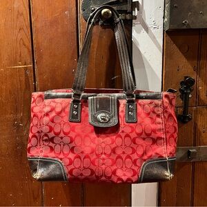 Coach Red and Brown Signature Tote